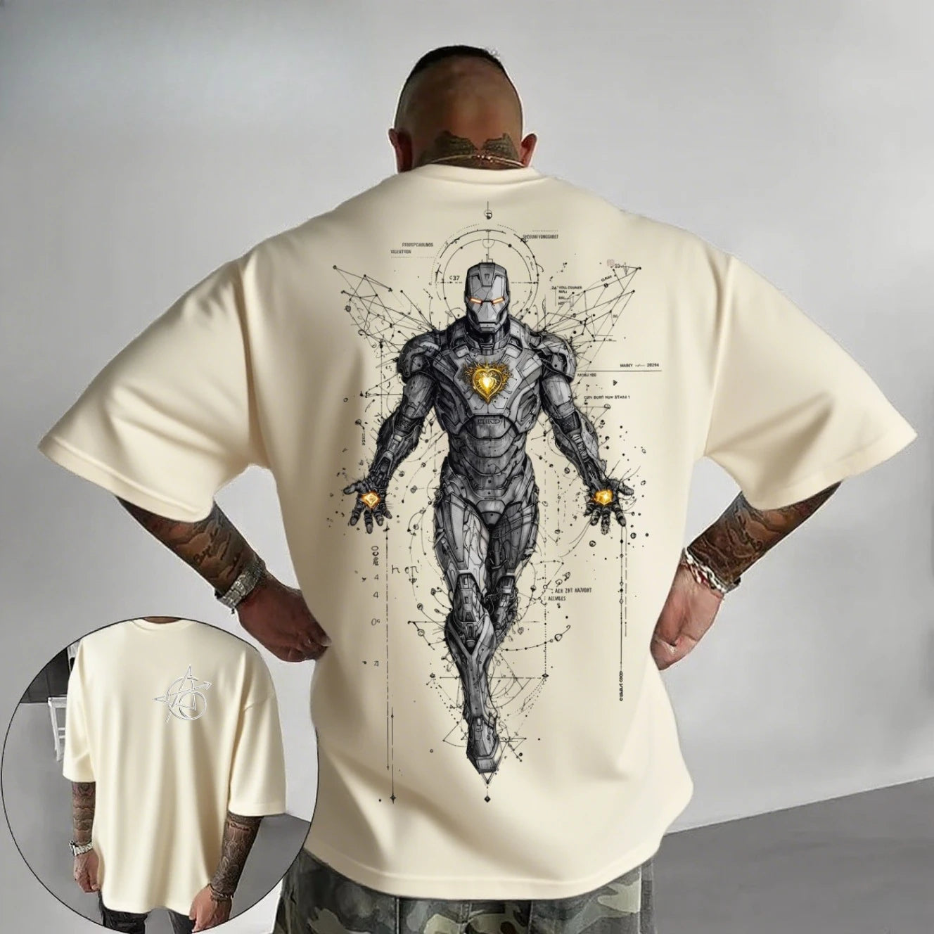 T-Shirt Avengers Iron Man - Cyberpunk Tech Line Art Blanc Oversize