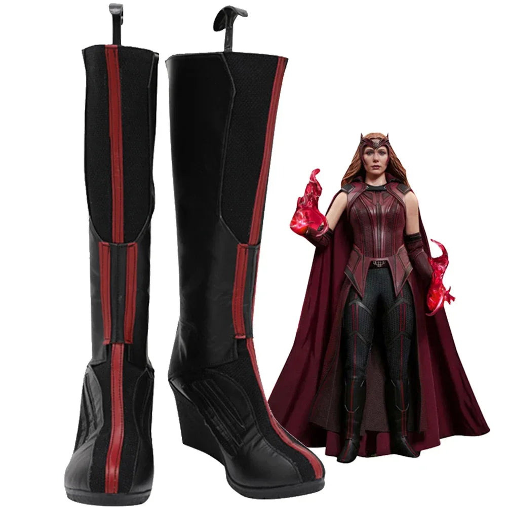 Botas Bruja Escarlata - Cuero Negro y Rojo con Tacón de Cuña (Hombre)