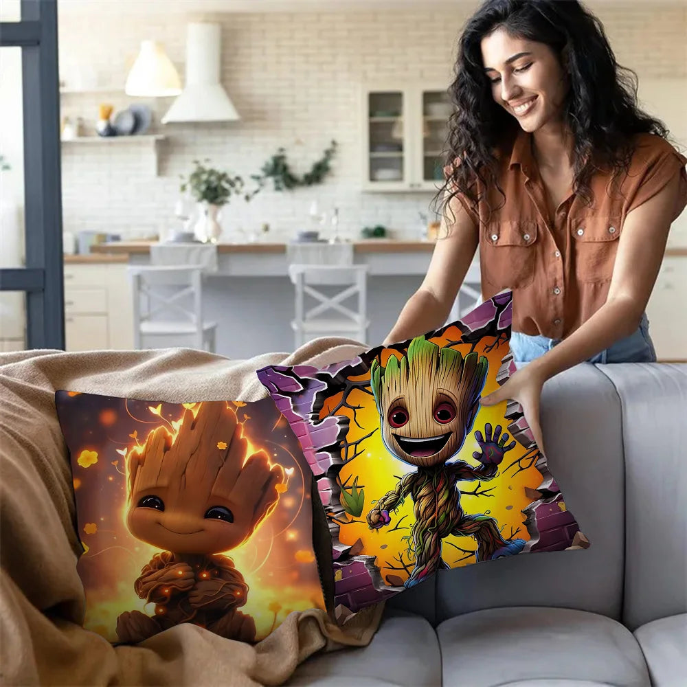 Housse de Coussin Baby Groot - Allumette Enflammée Bûches Bois