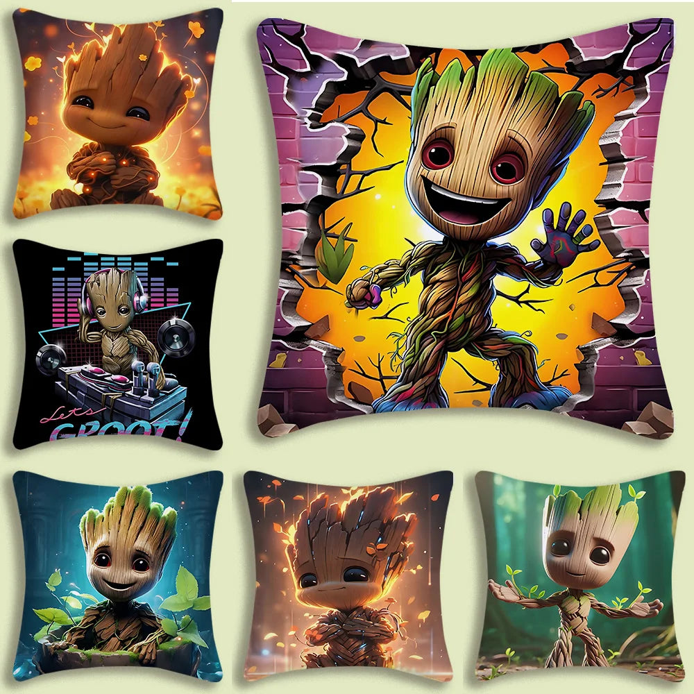 Housse de Coussin Baby Groot - Grands Yeux Fond Ciel Pastel