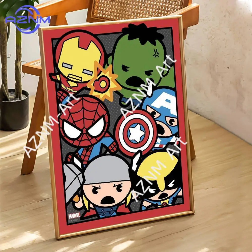 Affiche Chibi Marvel Groupe Heros - Cadre Rouge