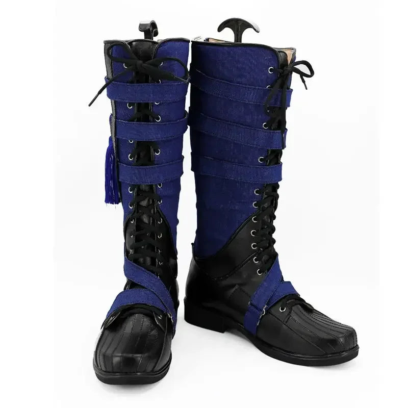Ausgefallene Cosplay-Stiefel – Marineblaues und schwarzes Leder mit Pompon (Herren)